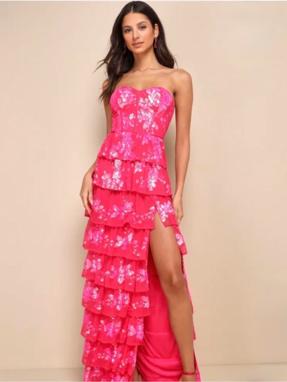 NWT - Lulu Strapless Pink Tiered Ruffle Sequin Maxi Dress